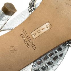 Pre Owned Gina Silver Croc Embossed Swarovski Crystal Embellished Naomi Slingback Sandals 37.5