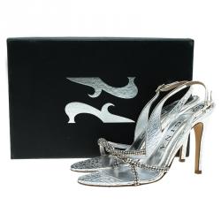 Pre Owned Gina Silver Croc Embossed Swarovski Crystal Embellished Naomi Slingback Sandals 37.5