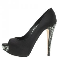 مملوكة مسبقًا Gina Black Crystal Embellished Satin Platform Pumps Size 37.5