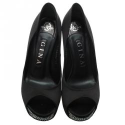 مملوكة مسبقًا Gina Black Crystal Embellished Satin Platform Pumps Size 37.5