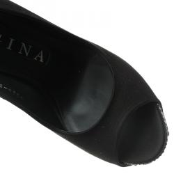 مملوكة مسبقًا Gina Black Crystal Embellished Satin Platform Pumps Size 37.5