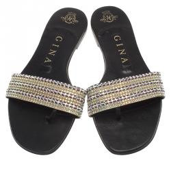 Pre Owned صندل سلايد جينا جلد أسود مزخرف مقاس 37.5