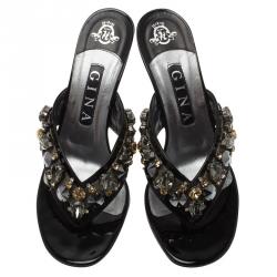 مملوكة مسبقًا صندل بإصبع جينا جلد أسود مرصع ب الكريستال مقاس 38.5