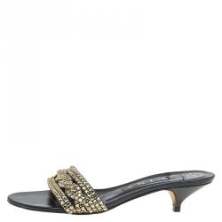 Pre Owned Gina Black Crystal Embellished Kitten Heel Slides Size 38