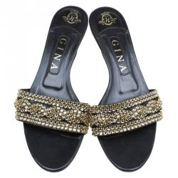 Pre Owned Gina Black Crystal Embellished Kitten Heel Slides Size 38