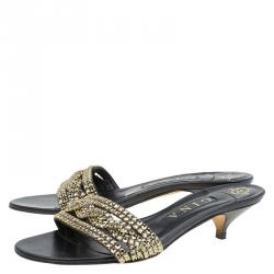 Pre Owned Gina Black Crystal Embellished Kitten Heel Slides Size 38