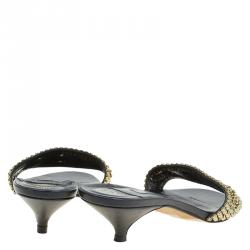 Pre Owned Gina Black Crystal Embellished Kitten Heel Slides Size 38