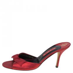مملوكة مسبقًا Gina Red Metallic Leather Bow Slides Size 40.5