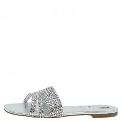 Pre Owned Gina Silver Crystal Embellished Flat Slides Size 38