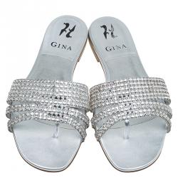 Pre Owned Gina Silver Crystal Embellished Flat Slides Size 38