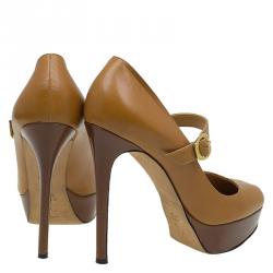 Pre Owned حذاء كعب عالي جينا ماري جاين جلد بني نعل سميك مقاس 38.5