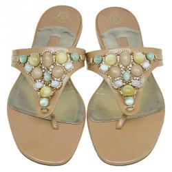 مملوكة مسبقًا Gina Beige Patent Jewel Embellished Flat Sandals Size 38