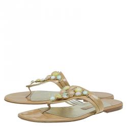 مملوكة مسبقًا Gina Beige Patent Jewel Embellished Flat Sandals Size 38