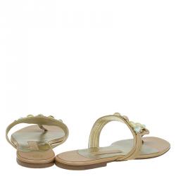 مملوكة مسبقًا Gina Beige Patent Jewel Embellished Flat Sandals Size 38