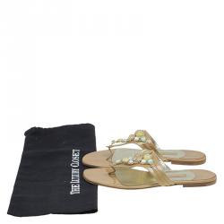 مملوكة مسبقًا Gina Beige Patent Jewel Embellished Flat Sandals Size 38