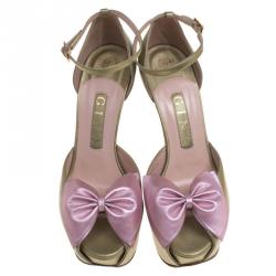 مملوكة مسبقًا صندل جينا شرائط للكاحل نعل سميك فيونكة جلد ميتالك لونين مقاس 38