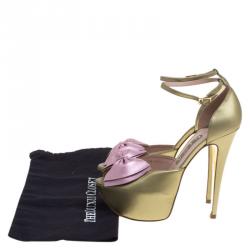 مملوكة مسبقًا صندل جينا شرائط للكاحل نعل سميك فيونكة جلد ميتالك لونين مقاس 38