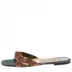 Pre Owned Gina Purple Crystal Embellished Leather Flat Slides Size 39.5