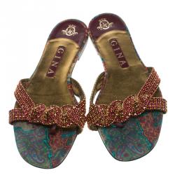 Pre Owned Gina Purple Crystal Embellished Leather Flat Slides Size 39.5