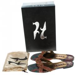 Pre Owned Gina Purple Crystal Embellished Leather Flat Slides Size 39.5