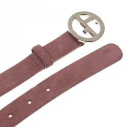 Pre Owned Giorgio Armani Pink Suede Logo Buckle Belt Size 46 