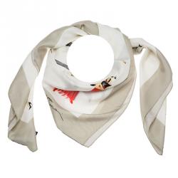 Pre Owned Giorgio Armani Cream Multicolor Fashion Illustration Printed Silk Scarf