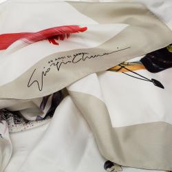 Pre Owned Giorgio Armani Cream Multicolor Fashion Illustration Printed Silk Scarf