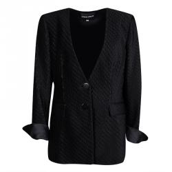 Pre Owned Giorgio Armani Black Silk Satin Diamond Tucked Textured Blazer L