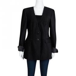 Pre Owned Giorgio Armani Black Silk Satin Diamond Tucked Textured Blazer L