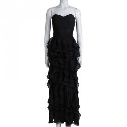 Pre Owned Giorgio Armani Black Silk Ruffle Detail Strapless Maxi Dress M