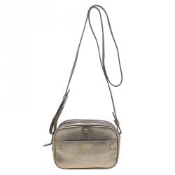 Pre Owned Giorgio Armani Metallic Gold Leather Weekend Crossbody Bag