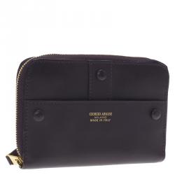 Pre Owned Giorgio Armani Purple Leather Zip Around Compact Wallet