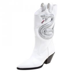 Pre Owned Giuseppe Zanotti White Snake Embellished Leather Guns 55 Cowboy Boots Size 38.5