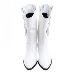 Pre Owned Giuseppe Zanotti White Snake Embellished Leather Guns 55 Cowboy Boots Size 38.5