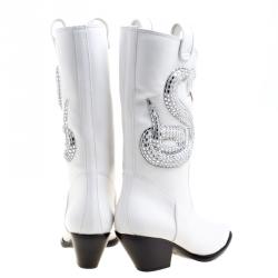 Pre Owned Giuseppe Zanotti White Snake Embellished Leather Guns 55 Cowboy Boots Size 38.5