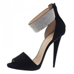 Pre Owned Giuseppe Zanotti Black Crystal Embellished Suede Ankle Strap Sandals Size 41
