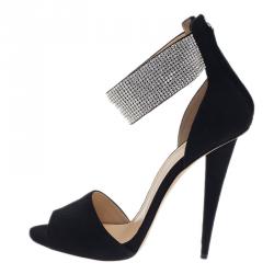 Pre Owned Giuseppe Zanotti Black Crystal Embellished Suede Ankle Strap Sandals Size 41