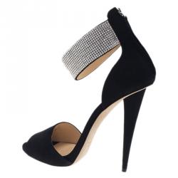 Pre Owned Giuseppe Zanotti Black Crystal Embellished Suede Ankle Strap Sandals Size 41