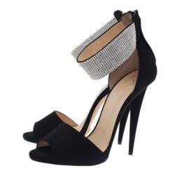Pre Owned Giuseppe Zanotti Black Crystal Embellished Suede Ankle Strap Sandals Size 41
