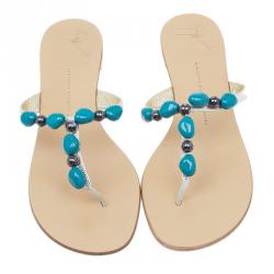 مملوكة مسبقًا Giuseppe Zanotti Turquoise Beaded Leather Thong Sandals Size 40