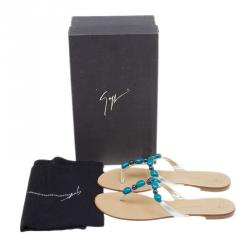 مملوكة مسبقًا Giuseppe Zanotti Turquoise Beaded Leather Thong Sandals Size 40