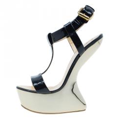 Pre Owned Giuseppe Zanotti Black Patent T Strap Platform Wedge Sandals Size 37