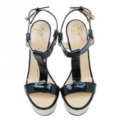 Giuseppe Zanotti Black Patent T Strap Platform Wedge Sandals Size 37