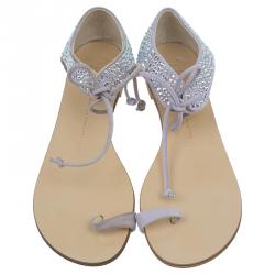 Pre Owned صندل فلات جوسيبي زانوتي بيج مرصع بكريستال بحلقة إصبع مقاس 38