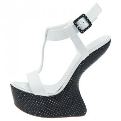 Pre Owned Giuseppe Zanotti White Leather Sculpted T-Strap Wedge Sandals Size 39
