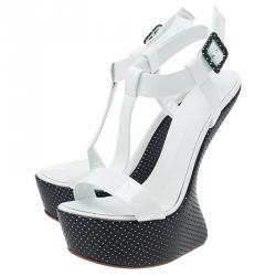 Pre Owned Giuseppe Zanotti White Leather Sculpted T-Strap Wedge Sandals Size 39