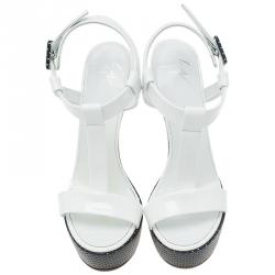 Pre Owned Giuseppe Zanotti White Leather Sculpted T-Strap Wedge Sandals Size 39