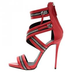 Pre Owned  Giuseppe Zanotti  Red Leather  Zip Detail Sandals Size 40
