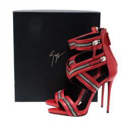 Pre Owned  Giuseppe Zanotti  Red Leather  Zip Detail Sandals Size 40
