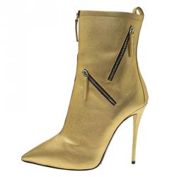 مملوكة مسبقًا Giuseppe Zanotti Metallic Gold Leather Multi Zip Detail Pointed Boots Size 38